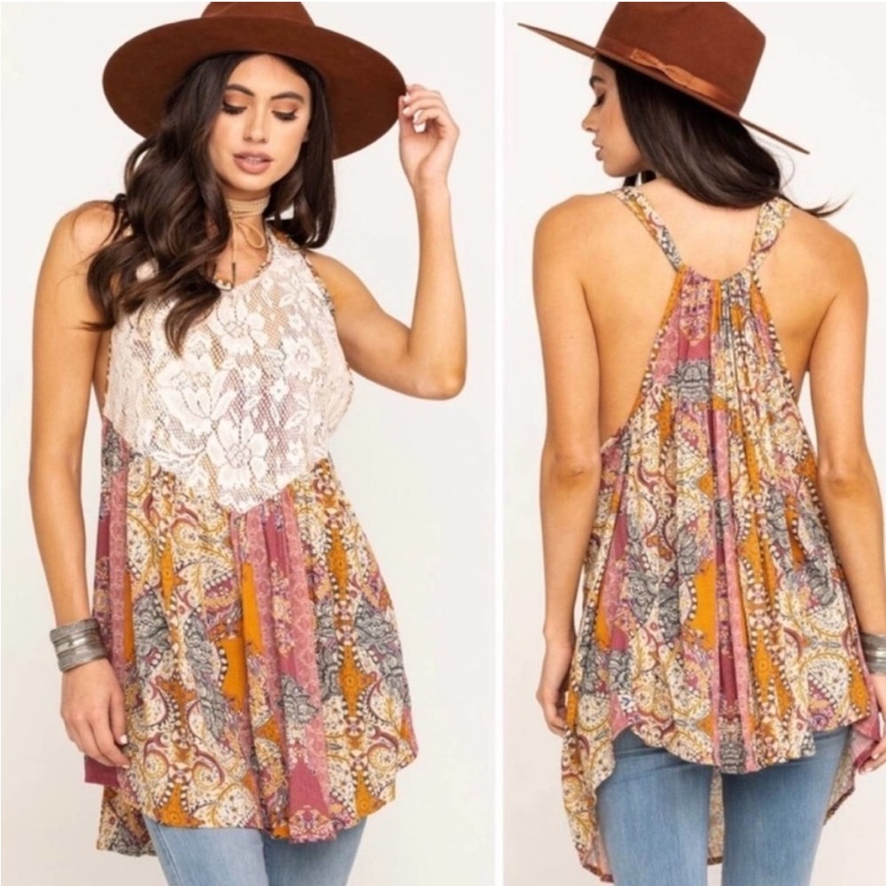 Free People Count Me In Trapeze Floral Paisley Boho Sleeveless Top Tunic sz Med